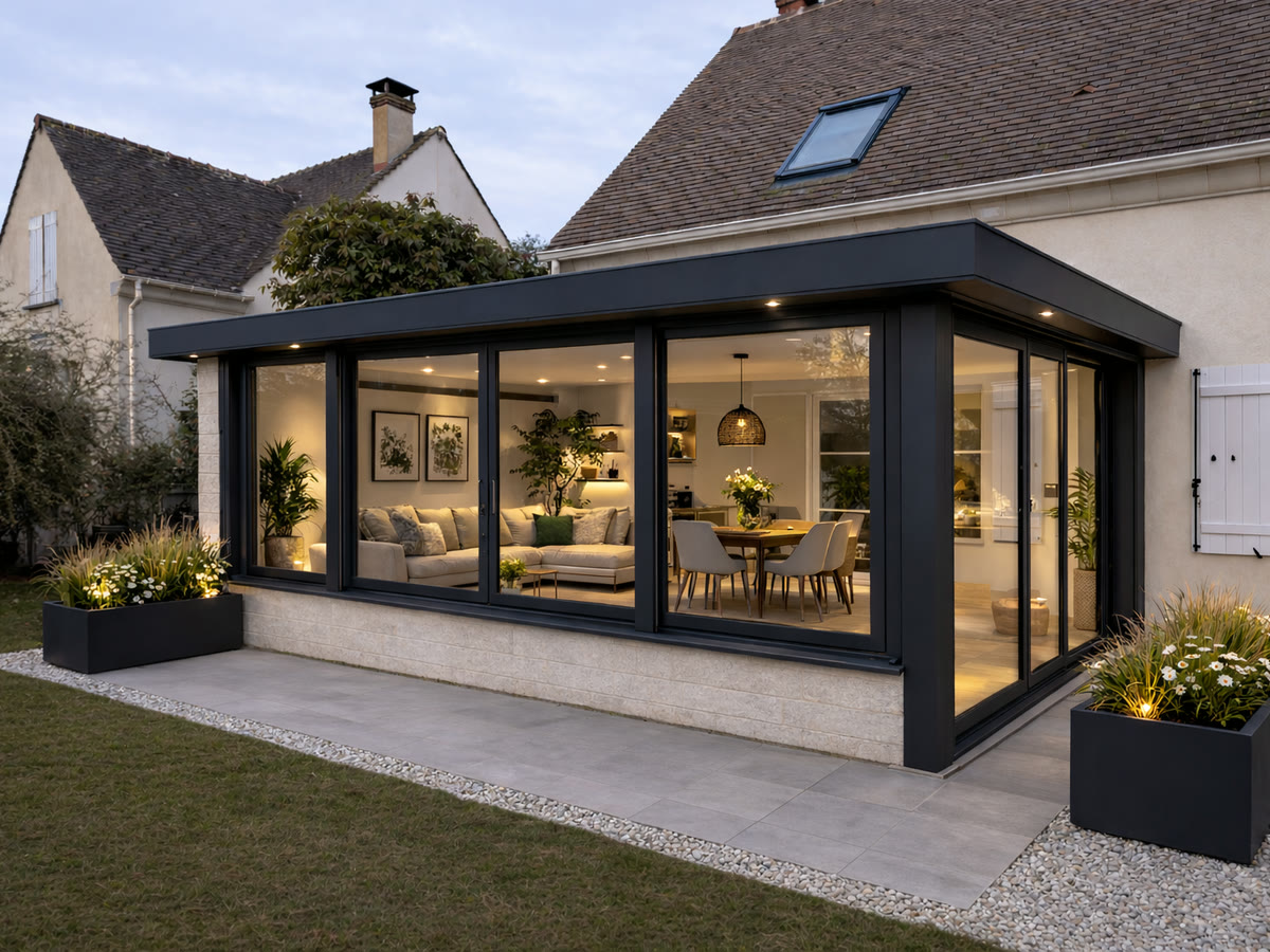 Extension véranda contemporaine prolongeant la maison et aménagée en pièce à vivre