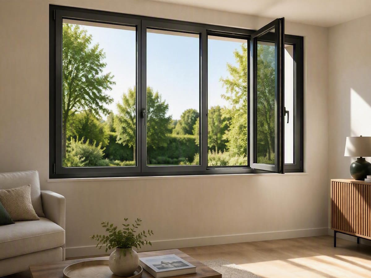 Fenêtre aluminium à profilés fins ouverte sur le jardin