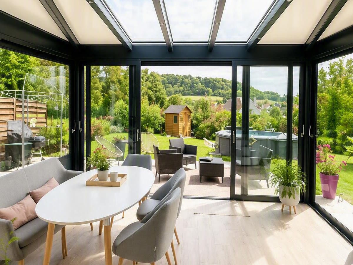 Véranda aménagée en pièce de vie ouverte sur le jardin